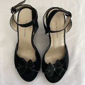 Black suede ankle strap flower wedge sandal